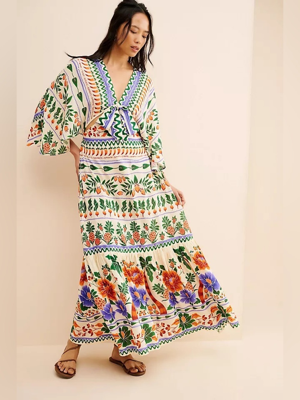 Farm Rio Anthropologie Tropical Botanical Maxi Dress Balloon Sleeve M Vacation